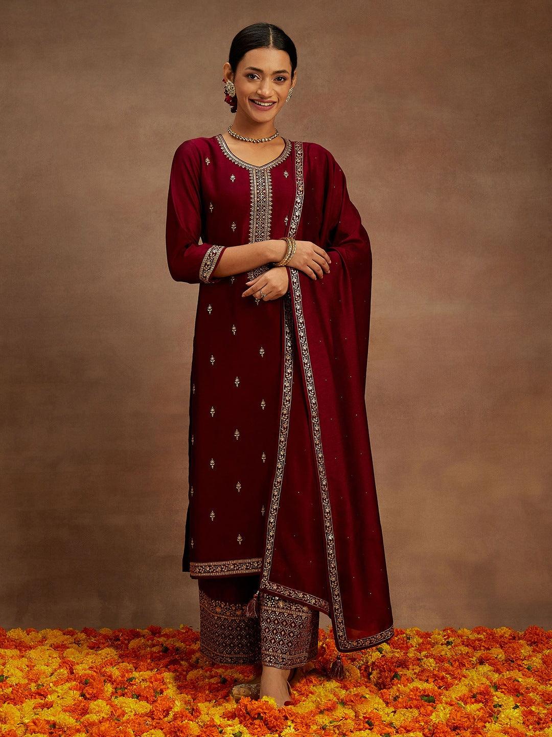 Fuchsia Embroidered Silk Blend Straight Suit With Dupatta