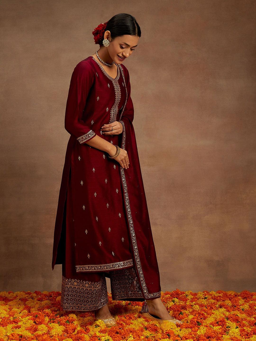 Fuchsia Embroidered Silk Blend Straight Suit With Dupatta