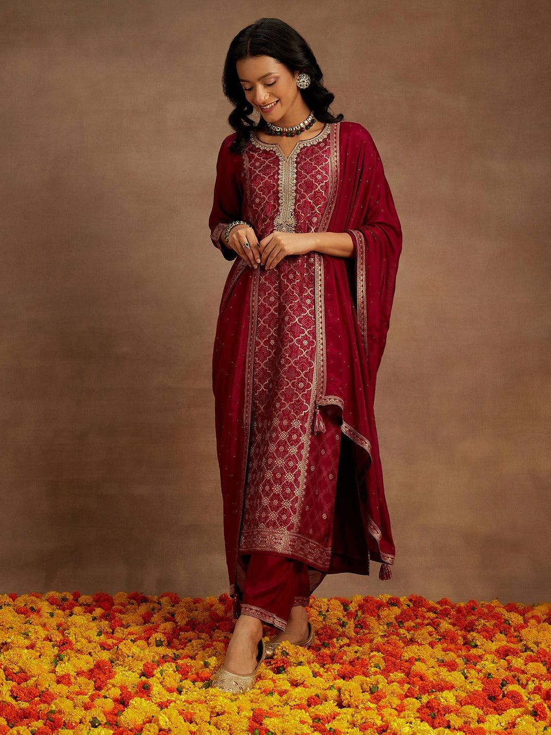 Fuchsia Woven Design Silk Blend Straight Suit With Dupatta