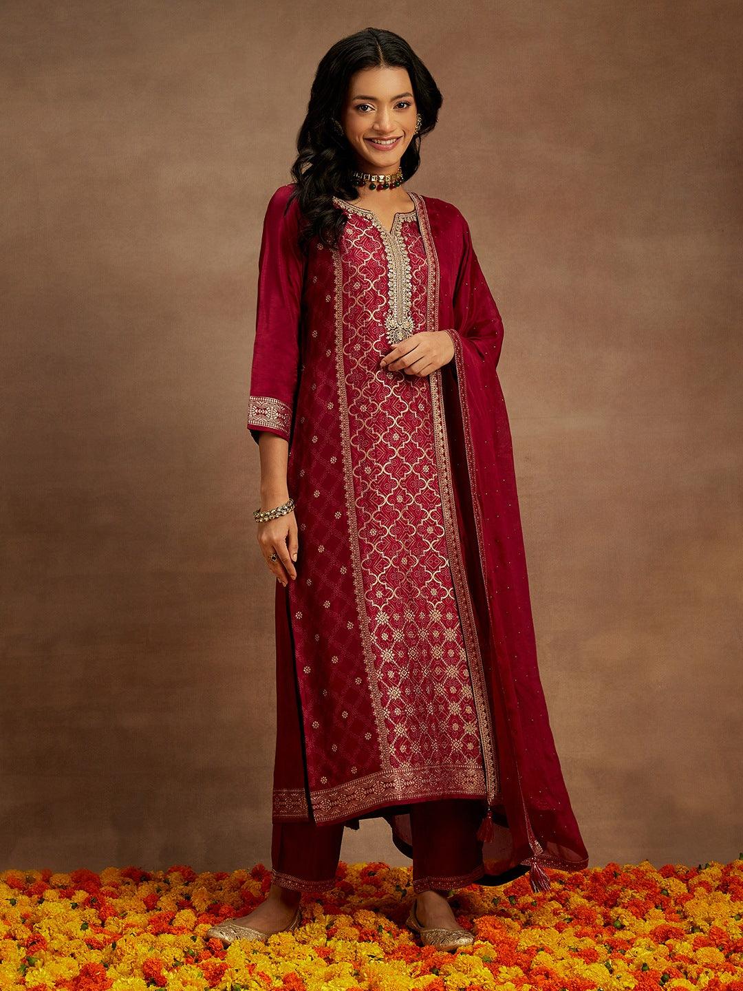 Fuchsia Woven Design Silk Blend Straight Suit With Dupatta