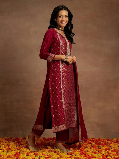 Fuchsia Woven Design Silk Blend Straight Suit With Dupatta