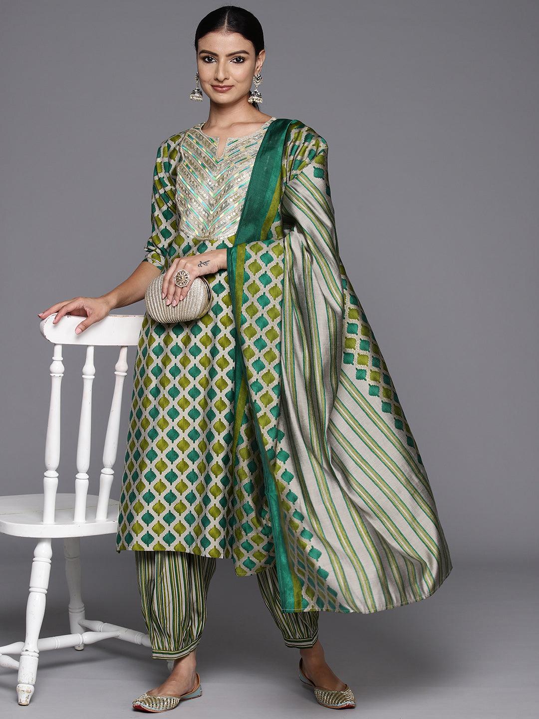 Green Yoke Design Silk Blend Straight Suit With Dupatta