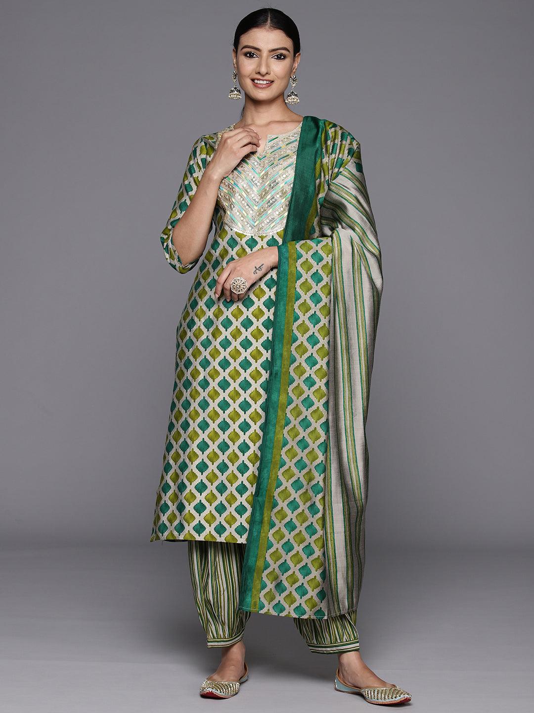 Green Yoke Design Silk Blend Straight Suit With Dupatta