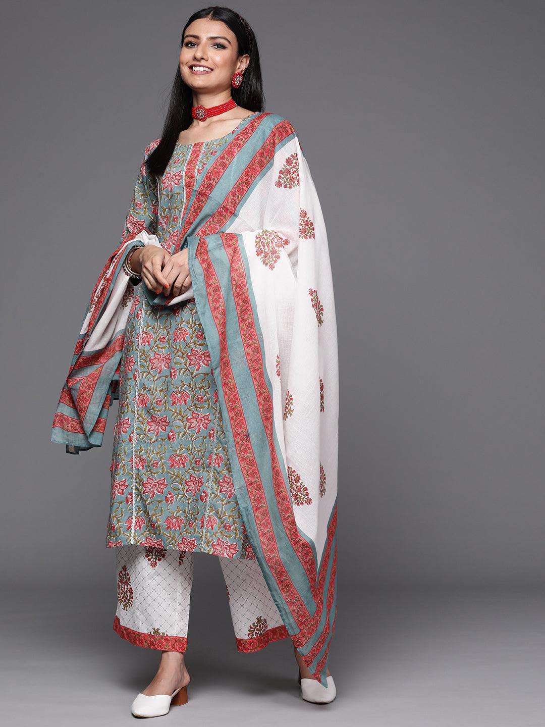 Grey Printed Cotton Straight Kurta With Palazzos & Dupatta