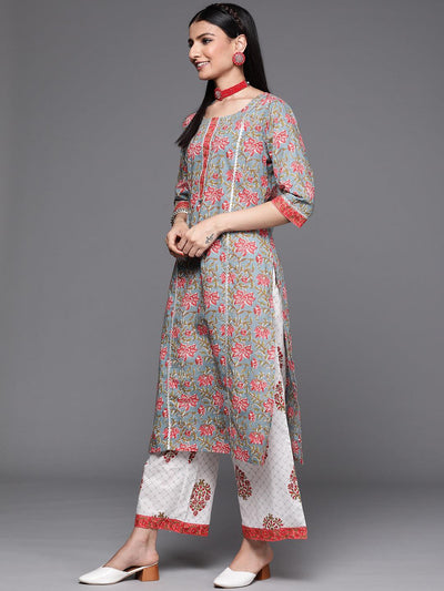 Grey Printed Cotton Straight Kurta With Palazzos & Dupatta