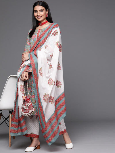 Grey Printed Cotton Straight Kurta With Palazzos & Dupatta