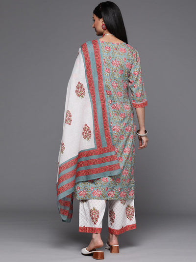 Grey Printed Cotton Straight Kurta With Palazzos & Dupatta