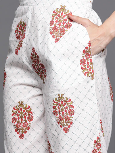 Grey Printed Cotton Straight Kurta With Palazzos & Dupatta