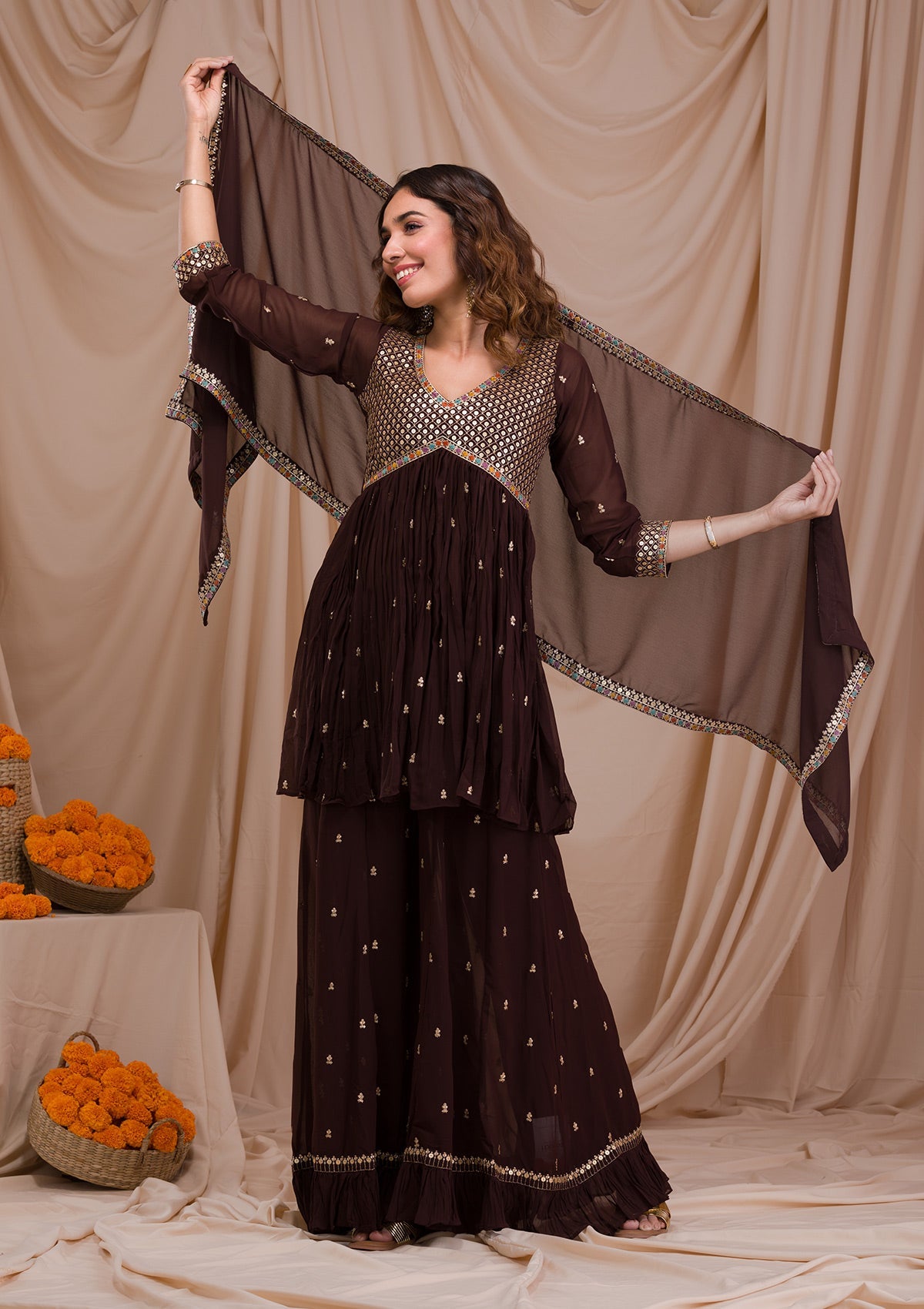 Brown Sequins Georgette Readymade Sharara Suit