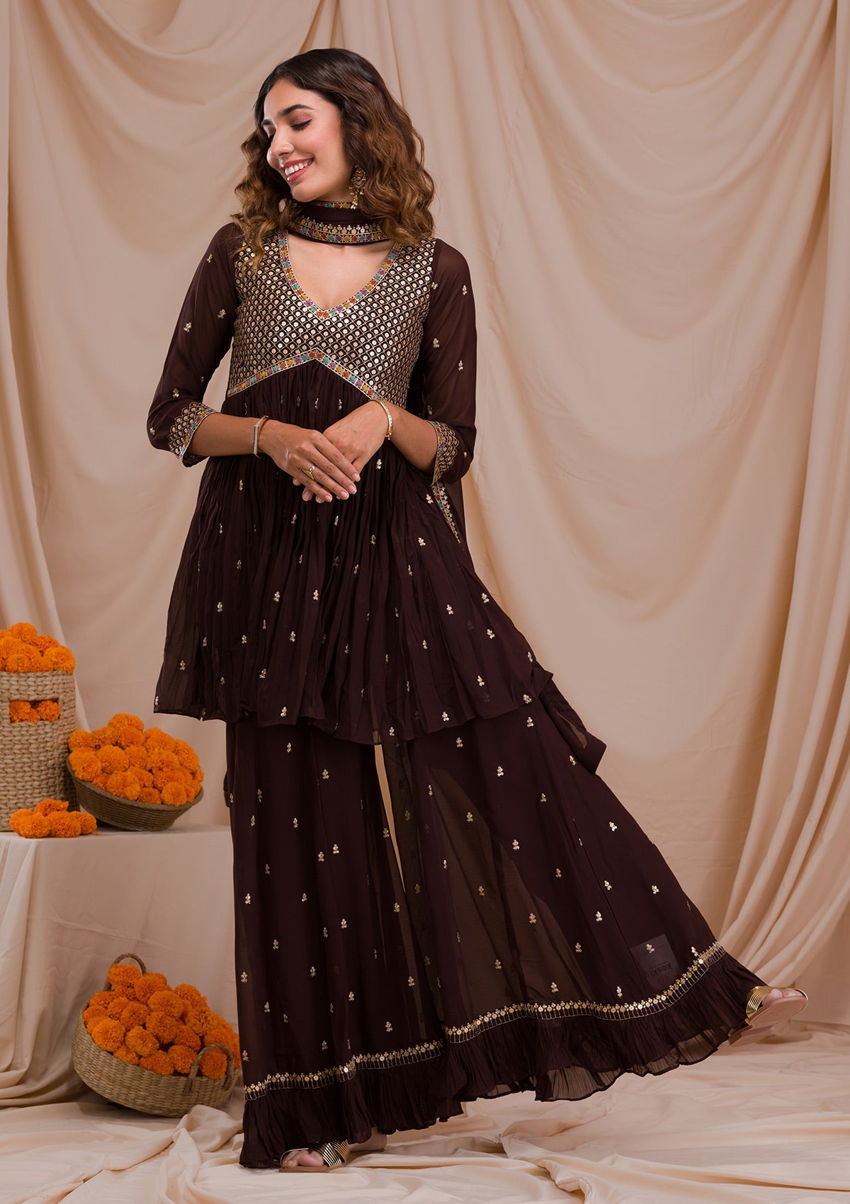 Brown Sequins Georgette Readymade Sharara Suit