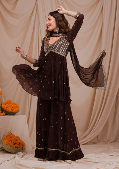 Brown Sequins Georgette Readymade Sharara Suit