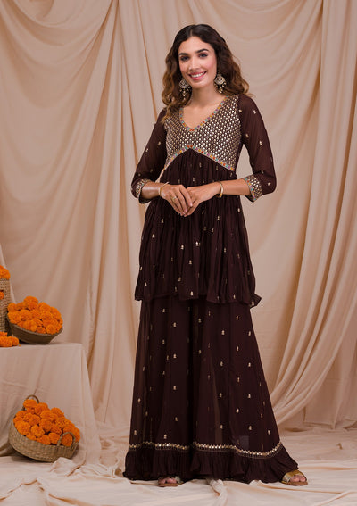 Brown Sequins Georgette Readymade Sharara Suit