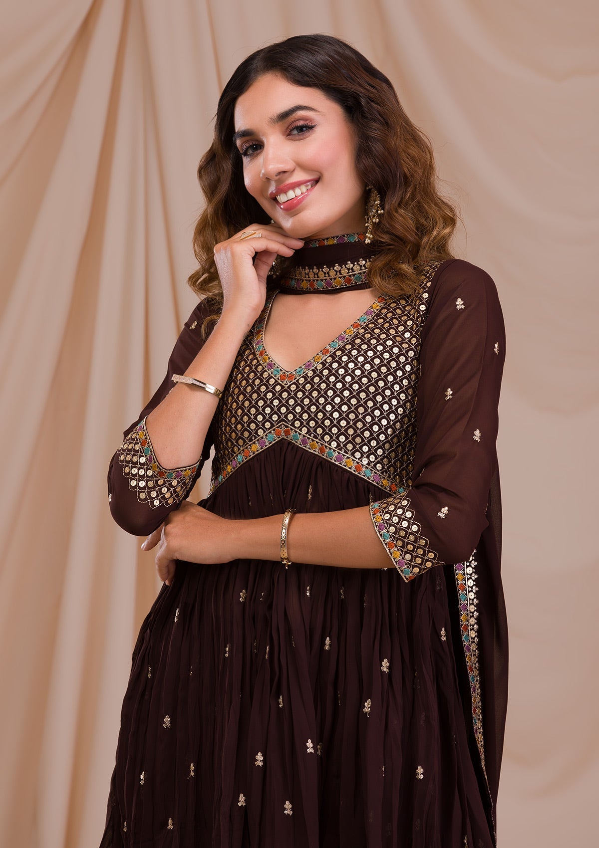 Brown Sequins Georgette Readymade Sharara Suit