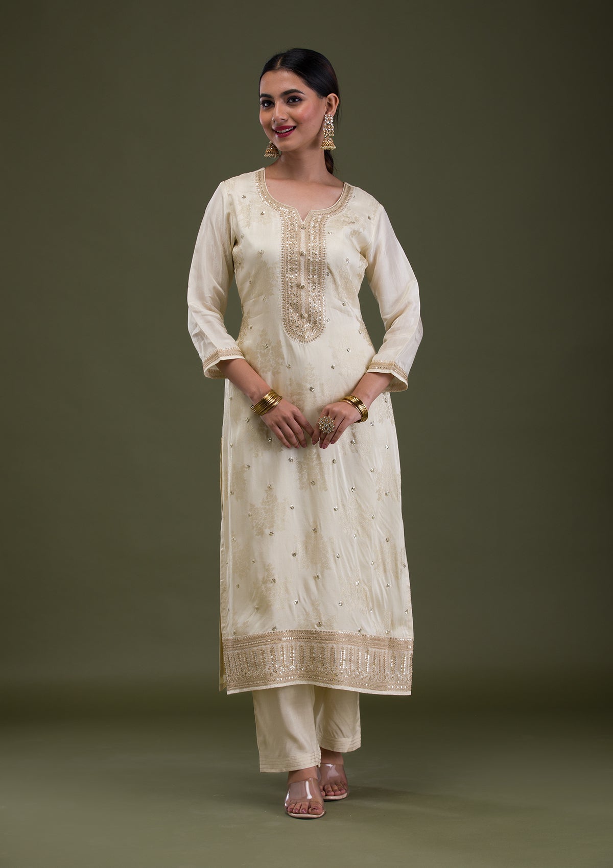 Cream Zariwork Crepe Readymade Salwar Suit