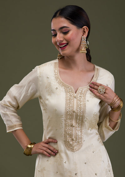 Cream Zariwork Crepe Readymade Salwar Suit