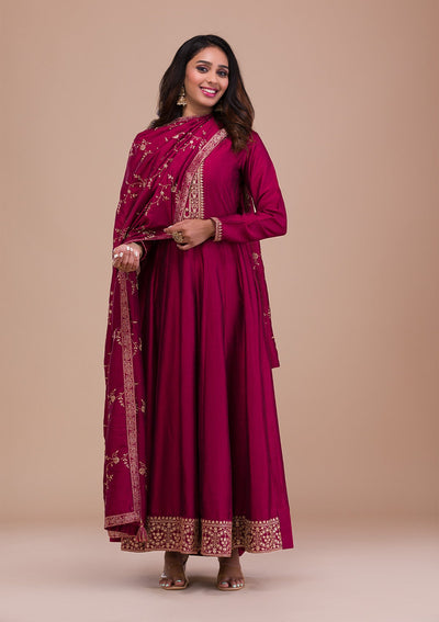 Maroon Zariwork Art Silk Readymade Anarkali Suit