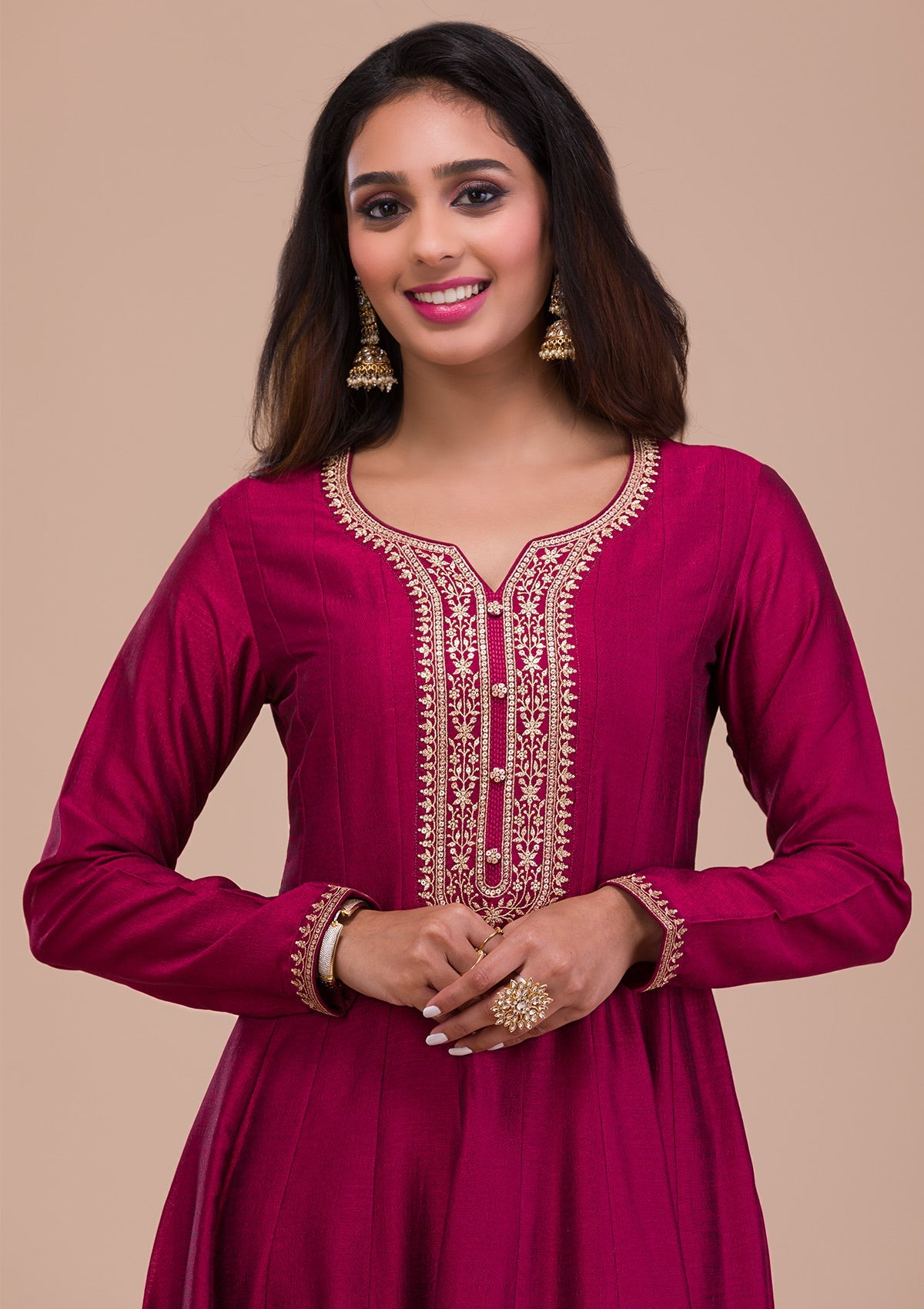 Maroon Zariwork Art Silk Readymade Anarkali Suit