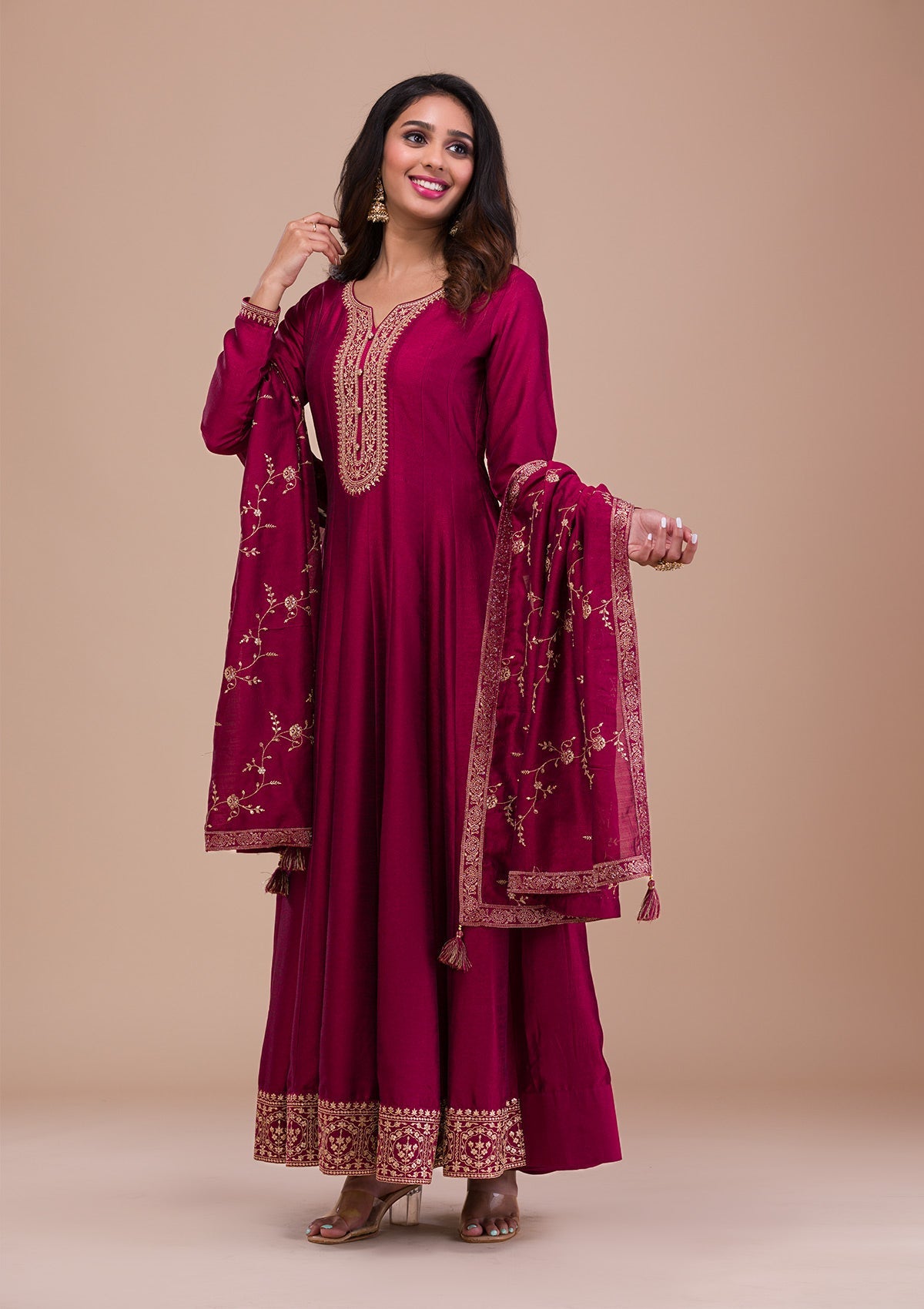 Maroon Zariwork Art Silk Readymade Anarkali Suit