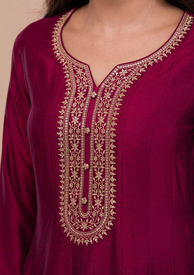 Maroon Zariwork Art Silk Readymade Anarkali Suit