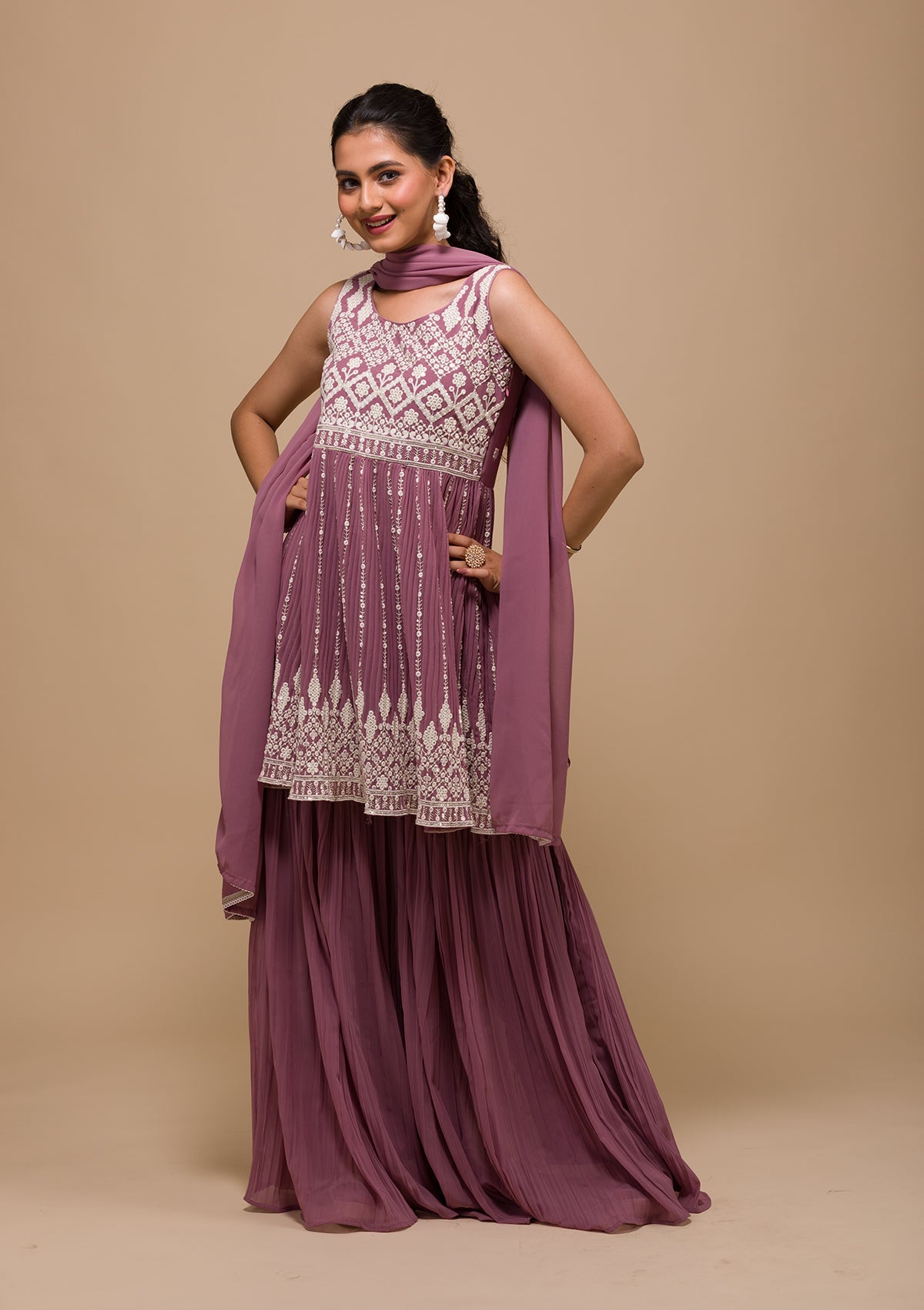 Mauve Threadwork Georgette Readymade Sharara Suit