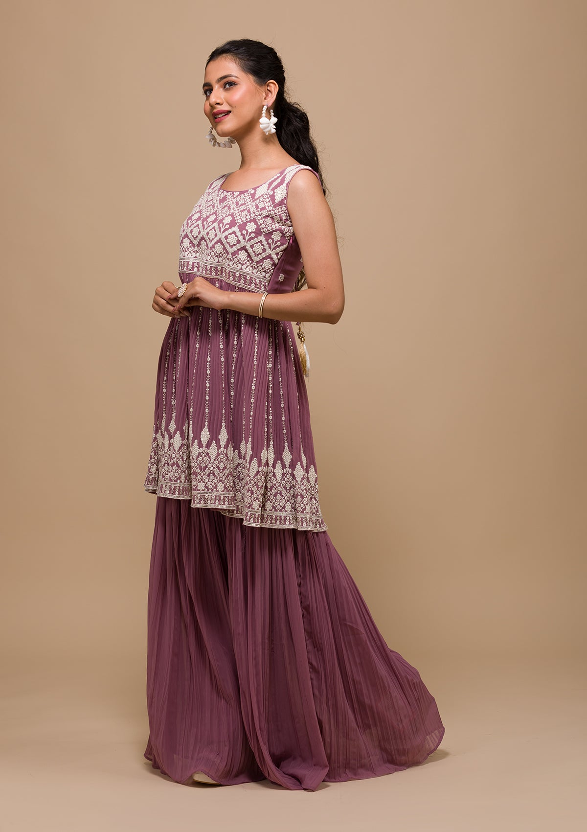 Mauve Threadwork Georgette Readymade Sharara Suit