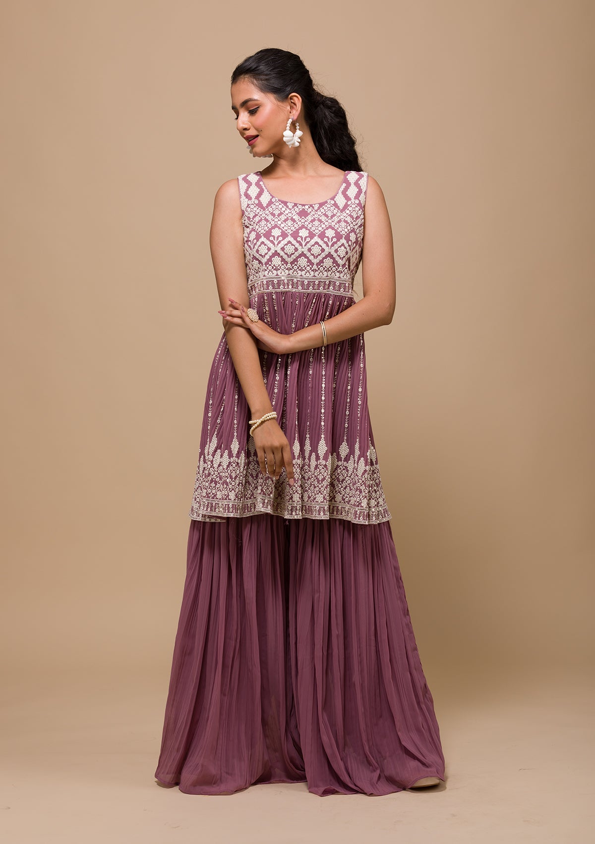 Mauve Threadwork Georgette Readymade Sharara Suit