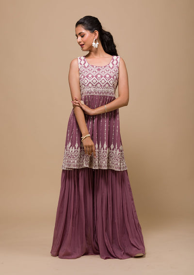 Mauve Threadwork Georgette Readymade Sharara Suit