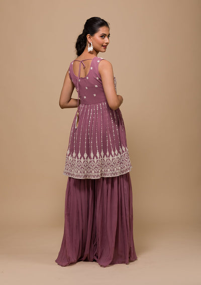 Mauve Threadwork Georgette Readymade Sharara Suit