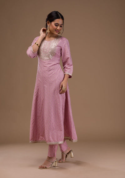 Mauve Zariwork Cotton Blend Readymade Salwar Suit