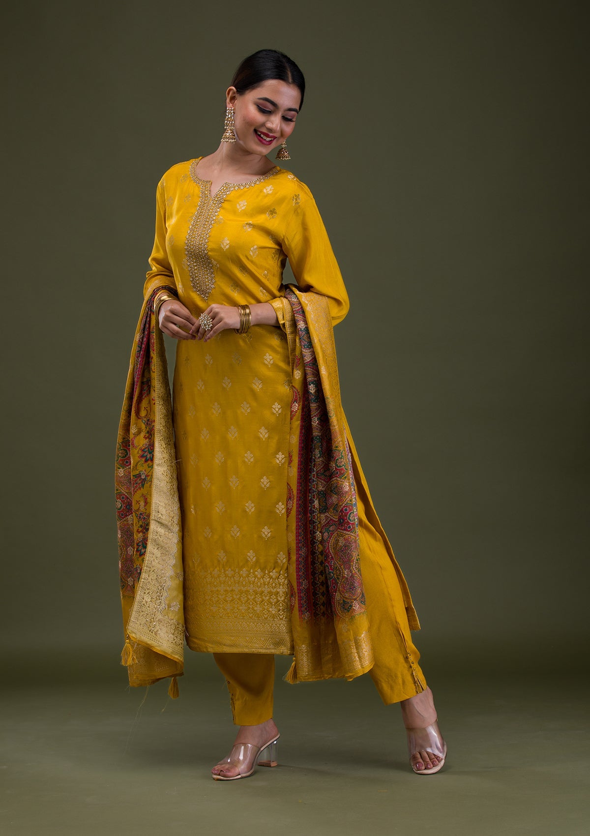 Mustard Zariwork Banarasi Readymade Salwar Suit