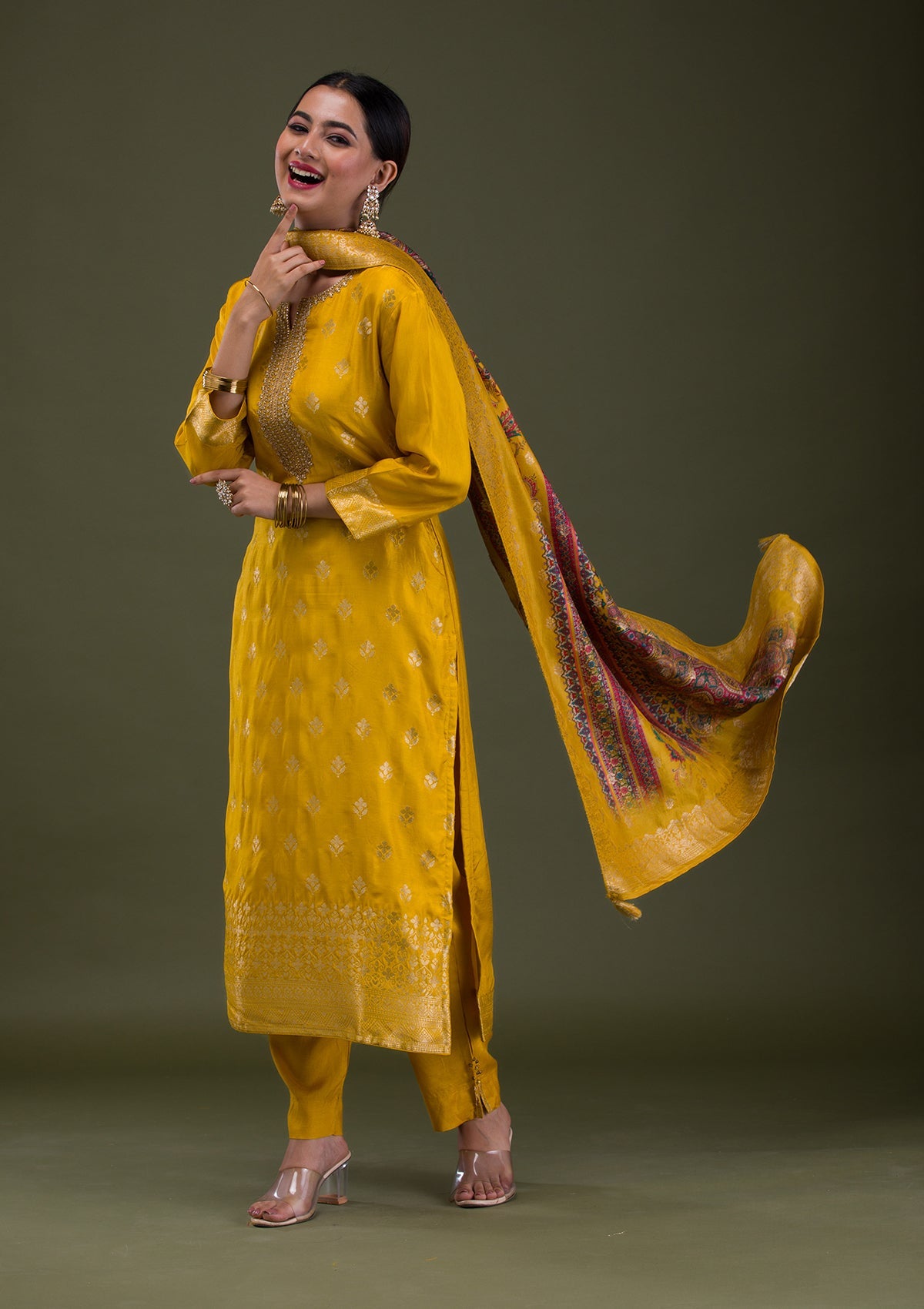 Mustard Zariwork Banarasi Readymade Salwar Suit