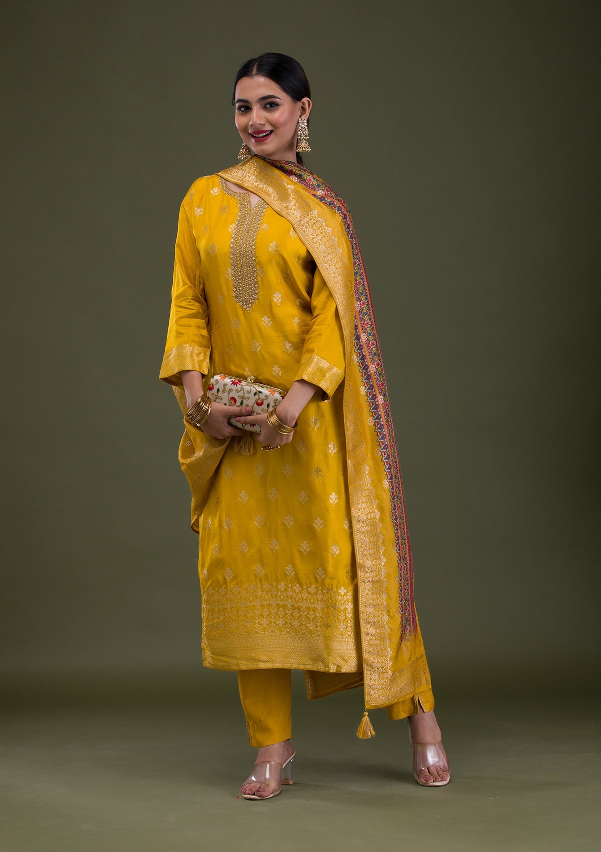 Mustard Zariwork Banarasi Readymade Salwar Suit