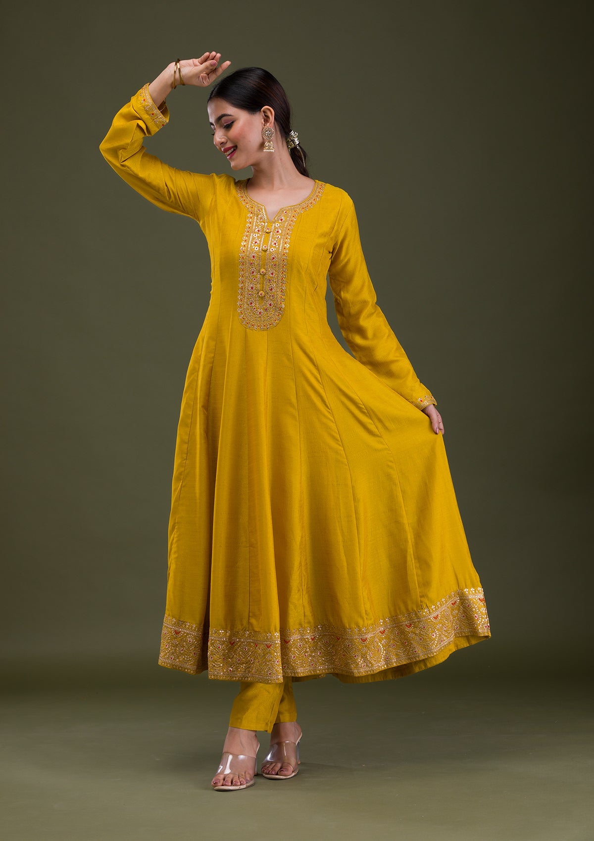 Mustard Zariwork Crepe Readymade Salwar Suit