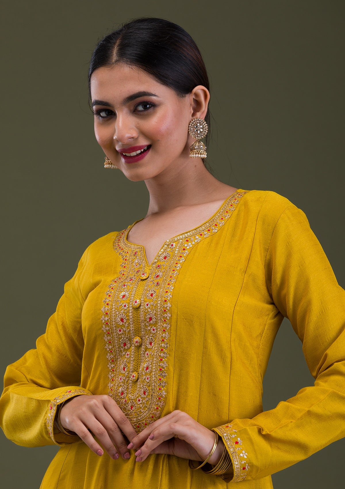 Mustard Zariwork Crepe Readymade Salwar Suit