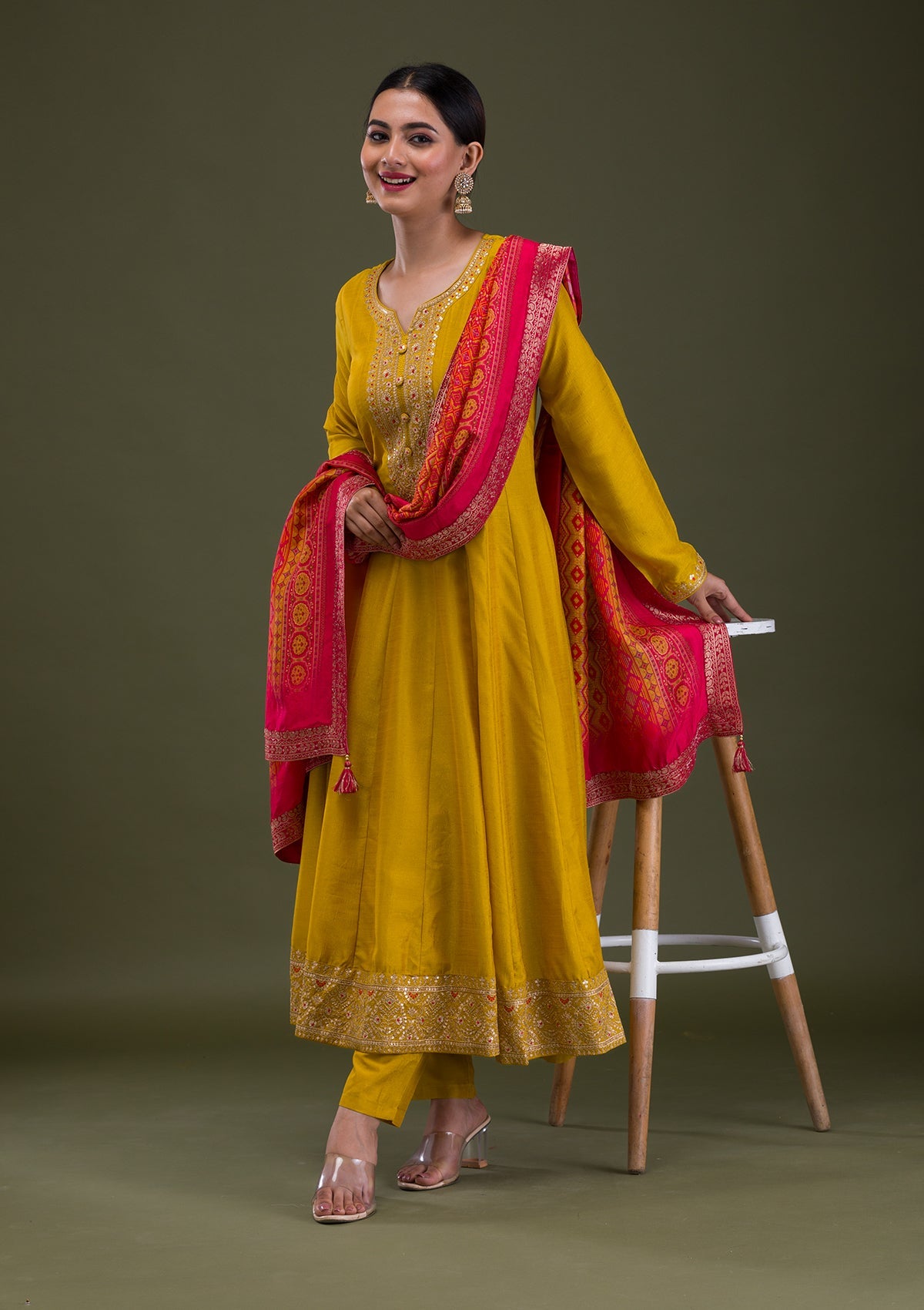 Mustard Zariwork Crepe Readymade Salwar Suit