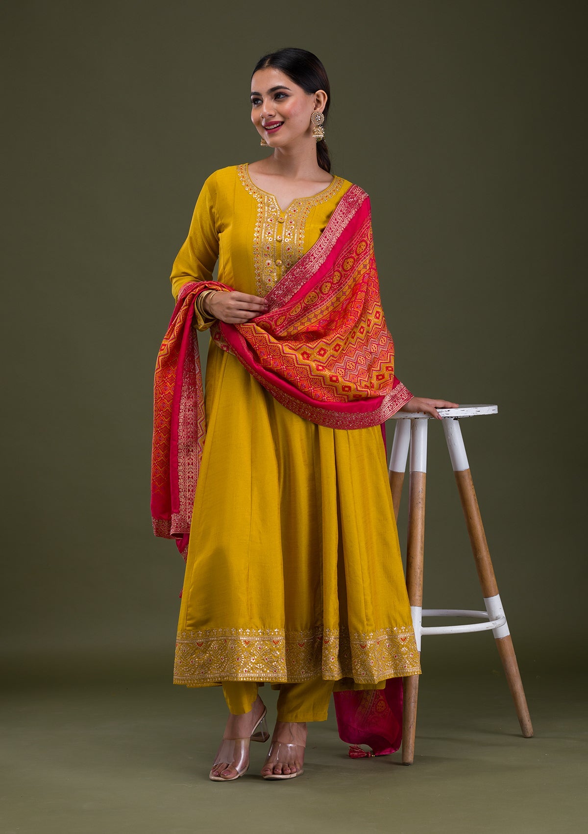 Mustard Zariwork Crepe Readymade Salwar Suit