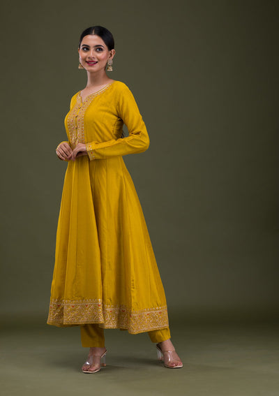 Mustard Zariwork Crepe Readymade Salwar Suit