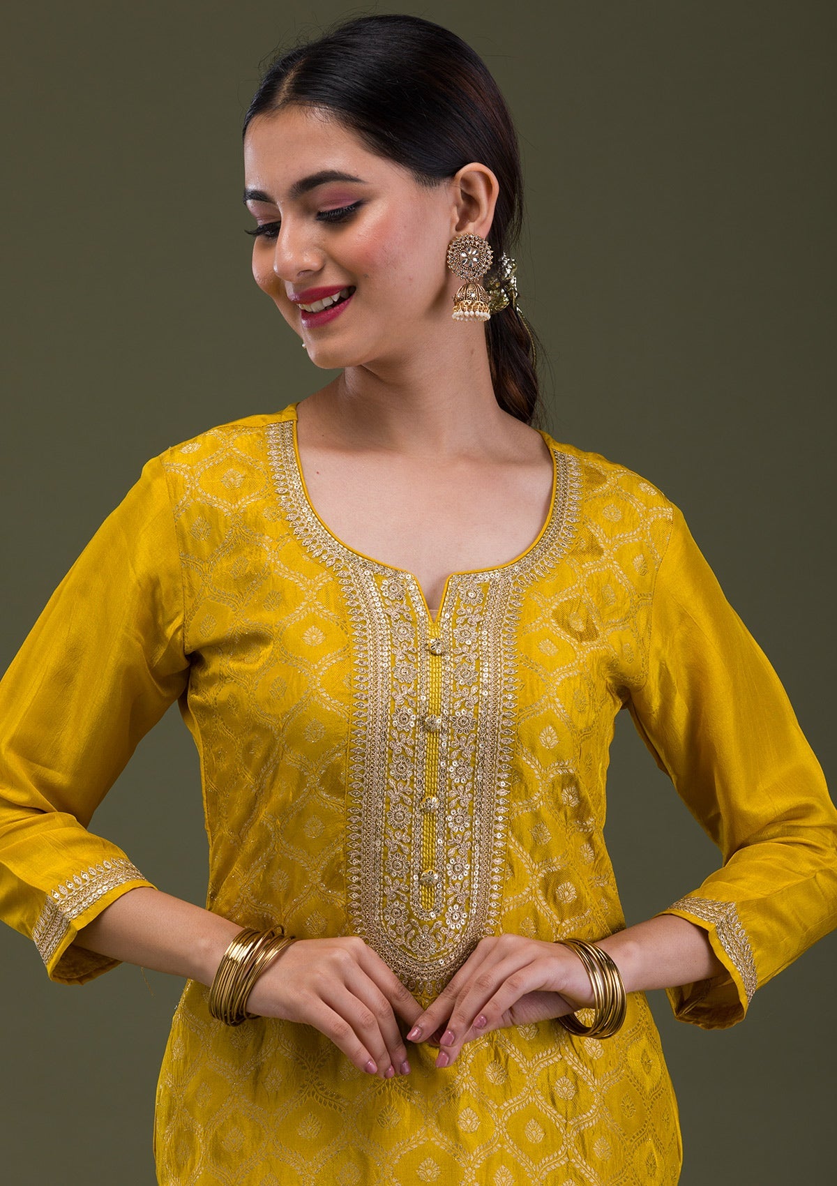 Mustard Zariwork Crepe Readymade Salwar Suit