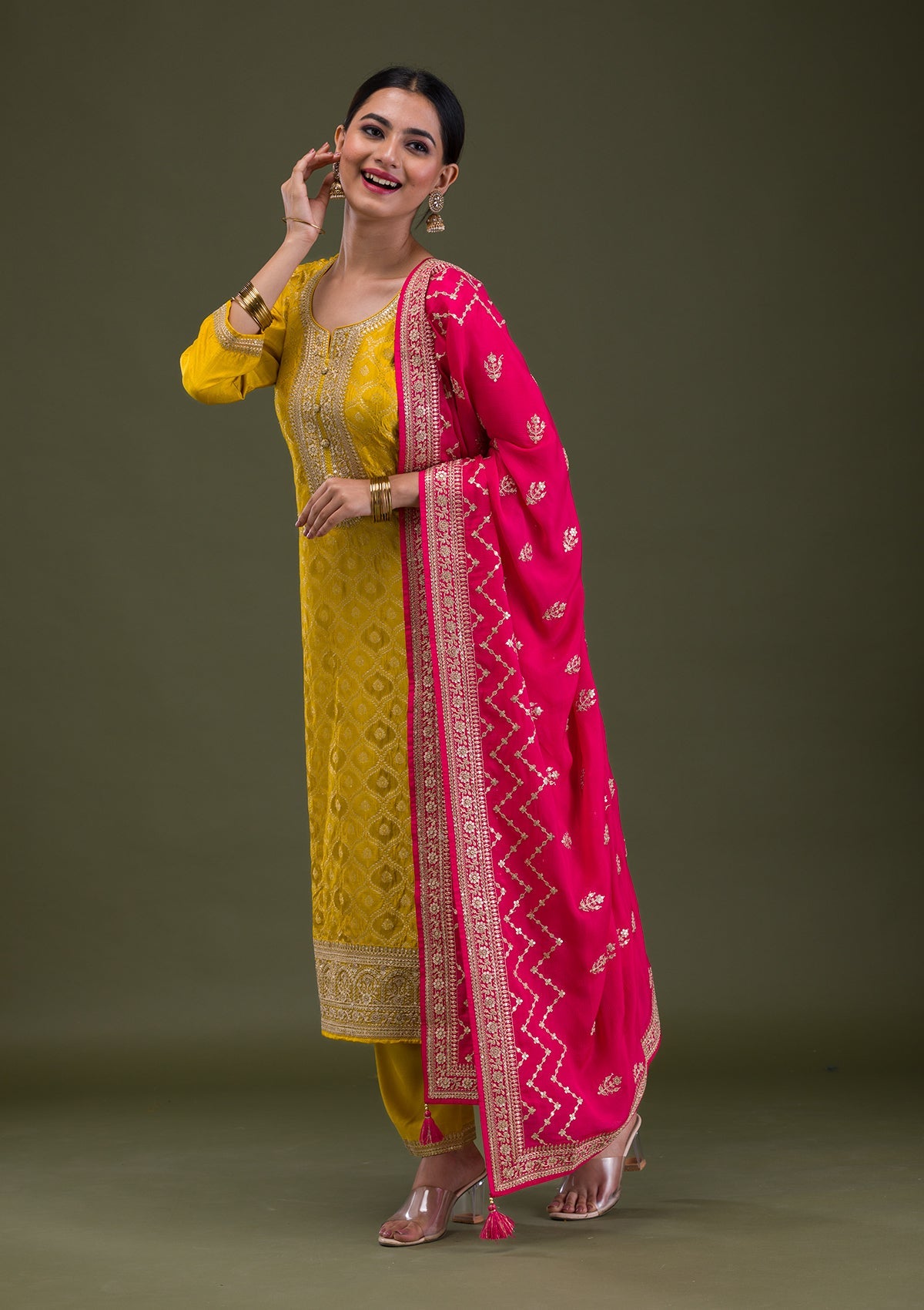 Mustard Zariwork Crepe Readymade Salwar Suit