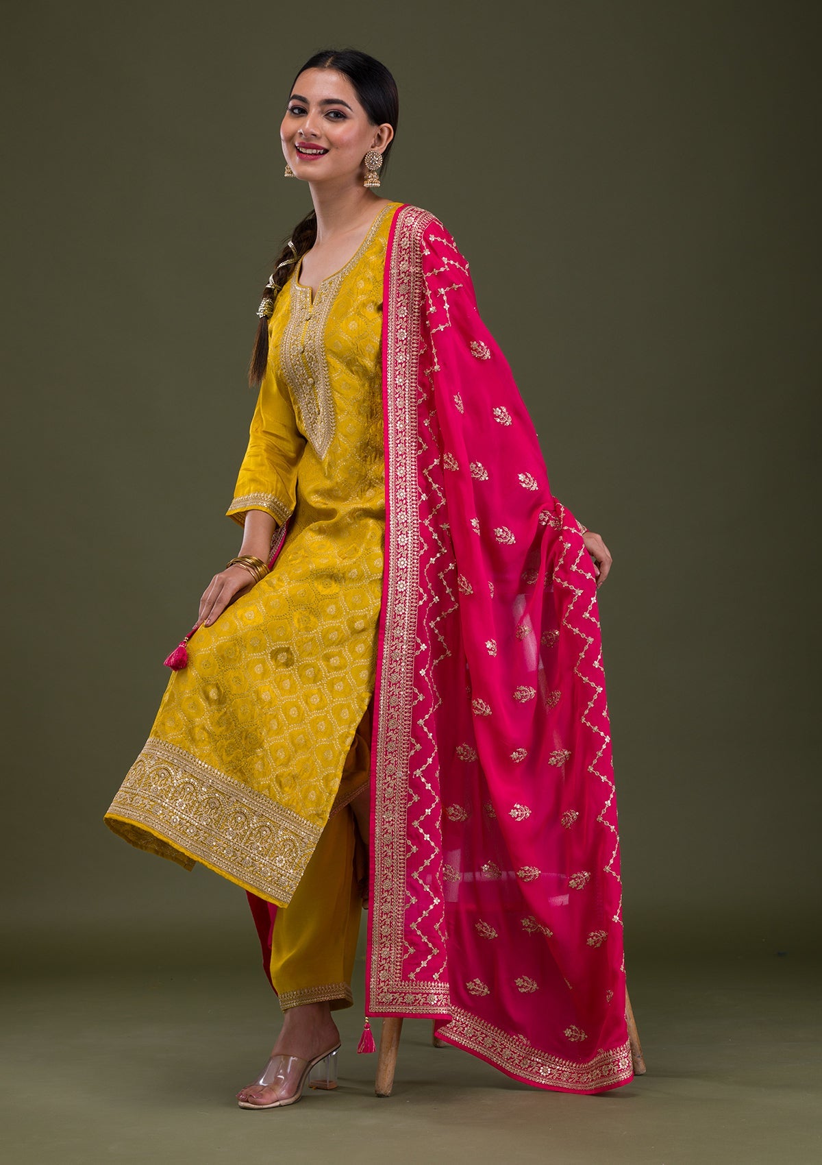 Mustard Zariwork Crepe Readymade Salwar Suit