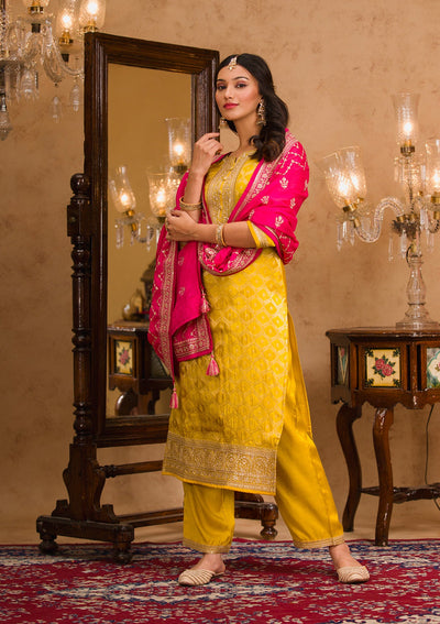 Mustard Zariwork Crepe Readymade Salwar Suit