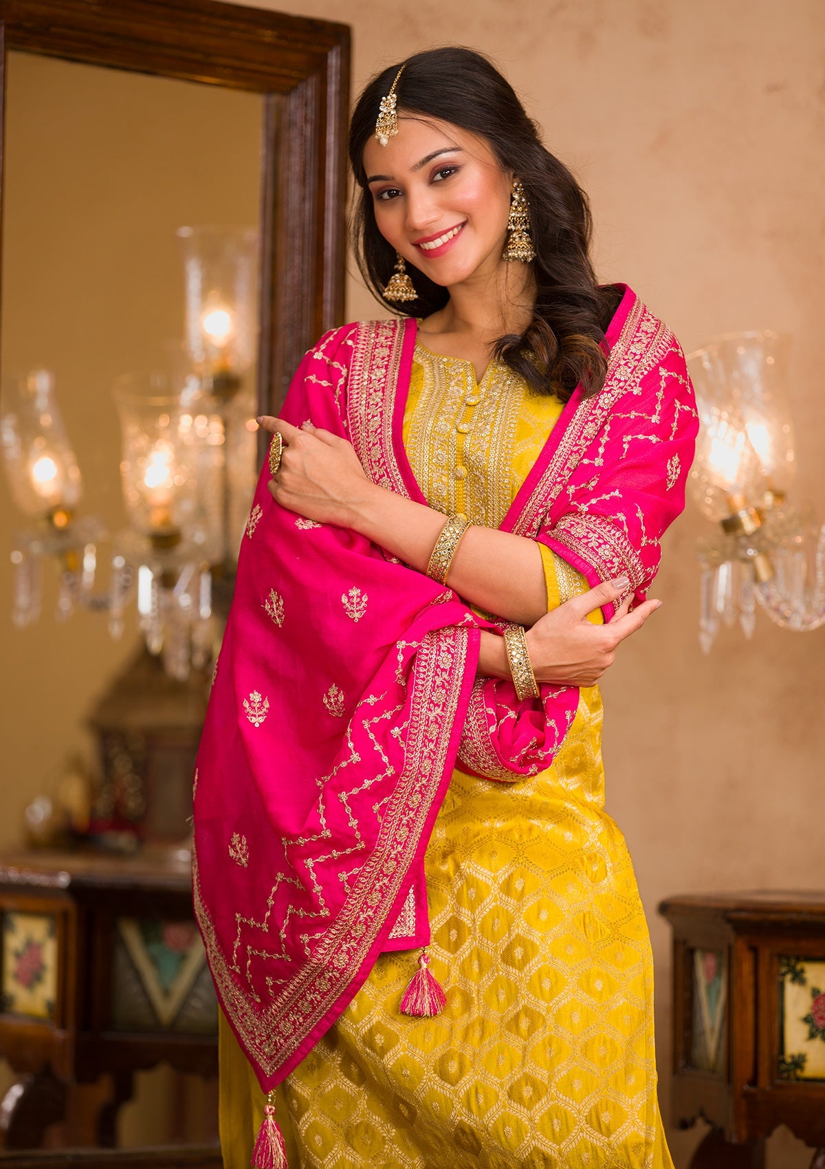 Mustard Zariwork Crepe Readymade Salwar Suit