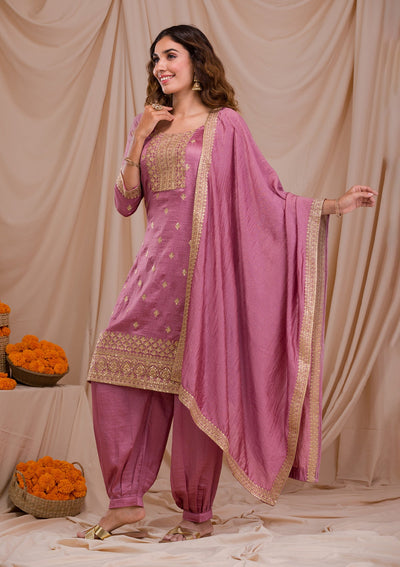 Onion Pink Zariwork Art Silk Readymade Salwar Suit