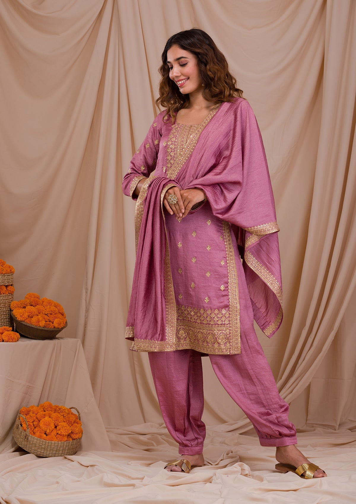 Onion Pink Zariwork Art Silk Readymade Salwar Suit