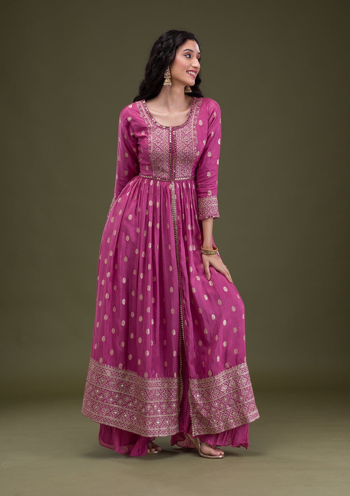 Onion Pink Zariwork Art Silk Readymade Salwar Suit