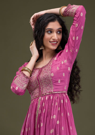 Onion Pink Zariwork Art Silk Readymade Salwar Suit