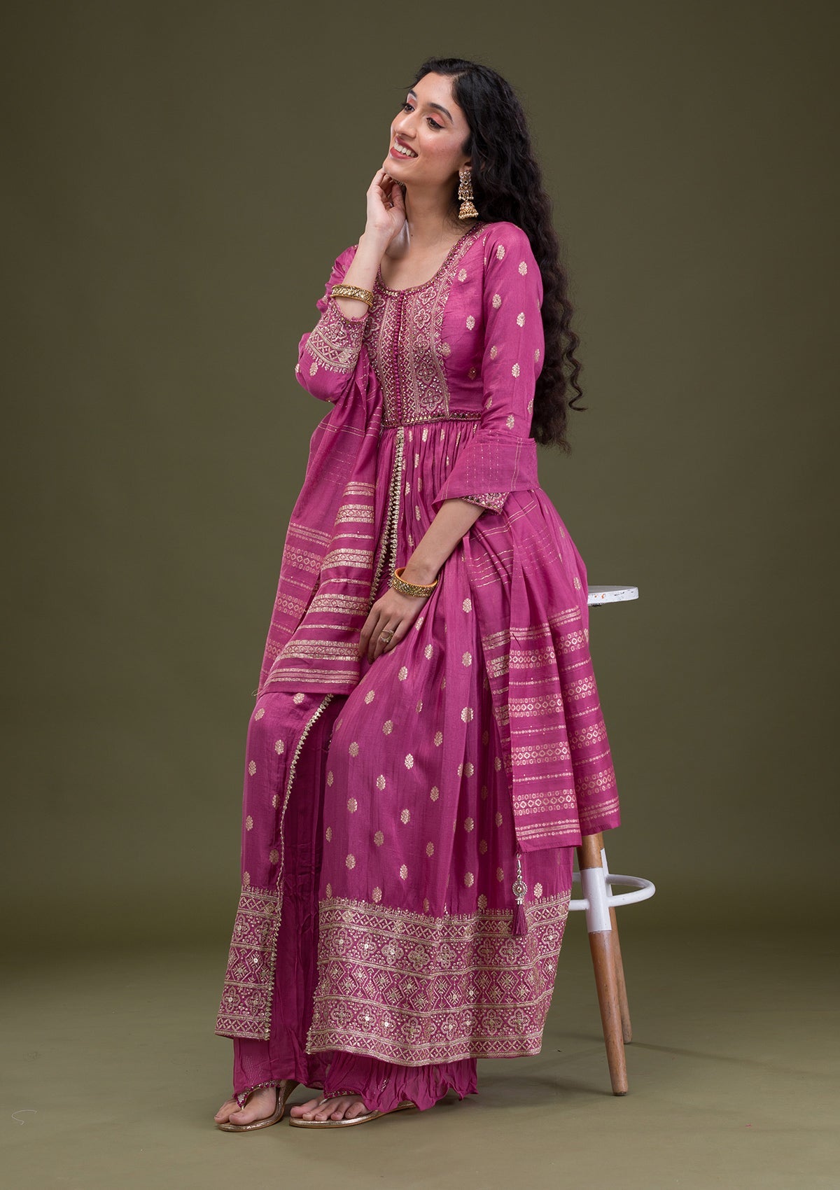 Onion Pink Zariwork Art Silk Readymade Salwar Suit