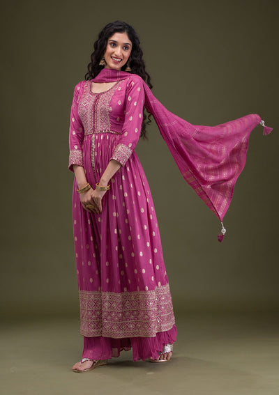 Onion Pink Zariwork Art Silk Readymade Salwar Suit