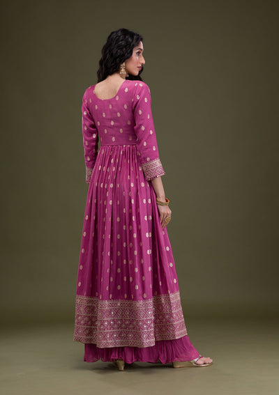 Onion Pink Zariwork Art Silk Readymade Salwar Suit