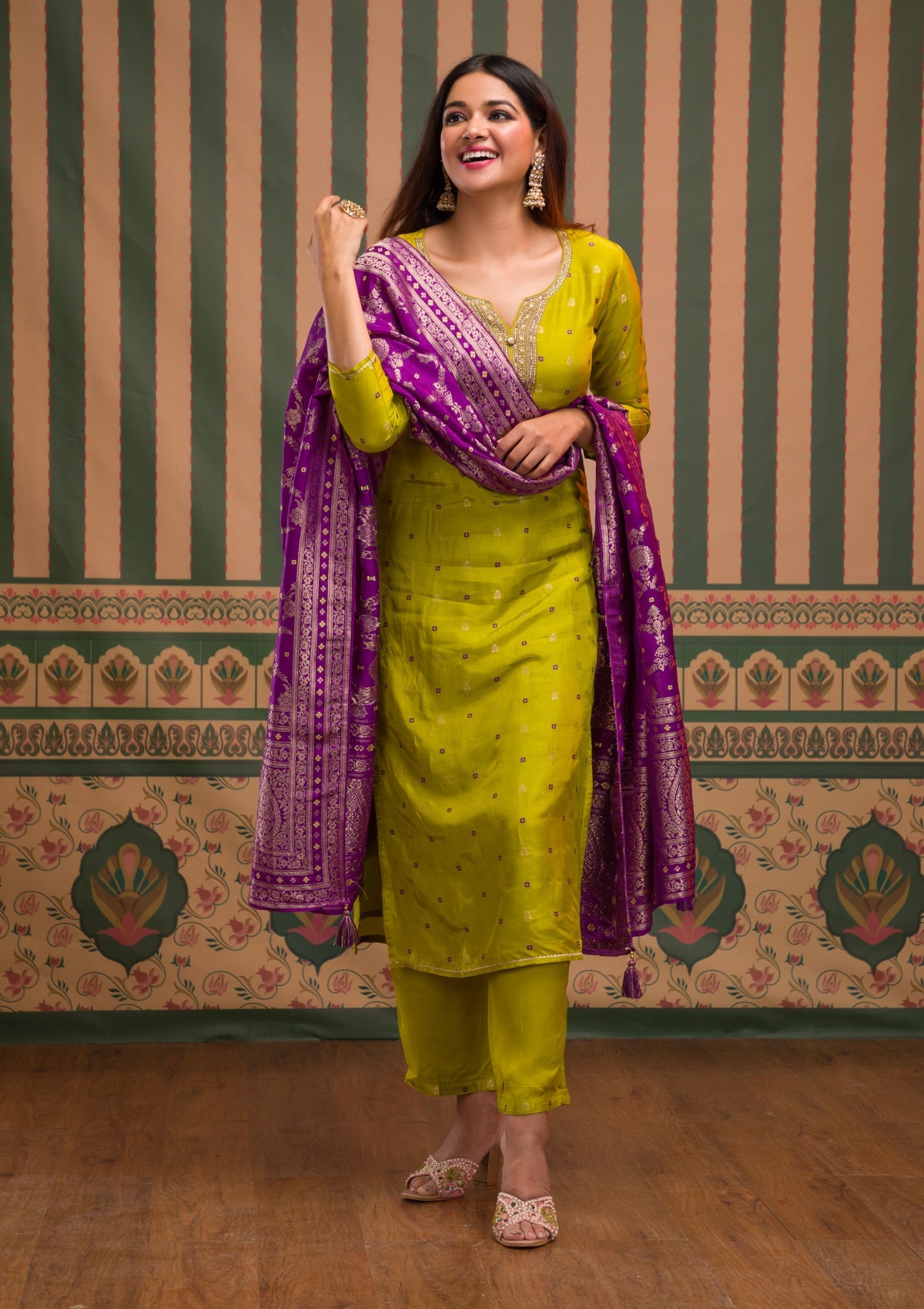 Parrot Green Zariwork Art Silk Readymade Salwar Suit